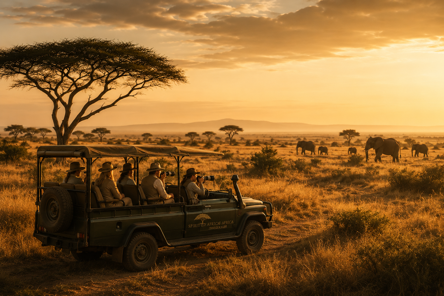 Guests on a safari vehicle watching elephants at sunset