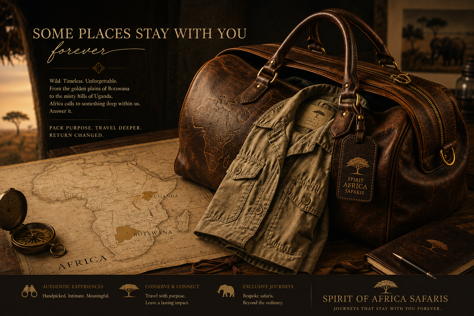 Seasons in Botswana — safari gear, map and compass at sunset