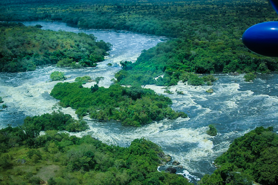 Aerial view of the Nile rapids above Murchison Falls